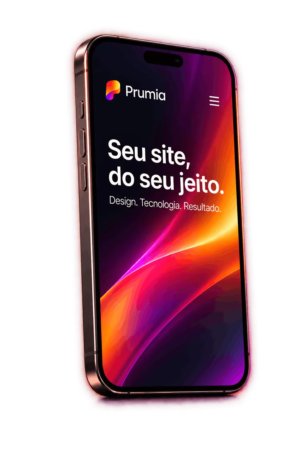 Complete iPhone displaying Prumia's visual identity